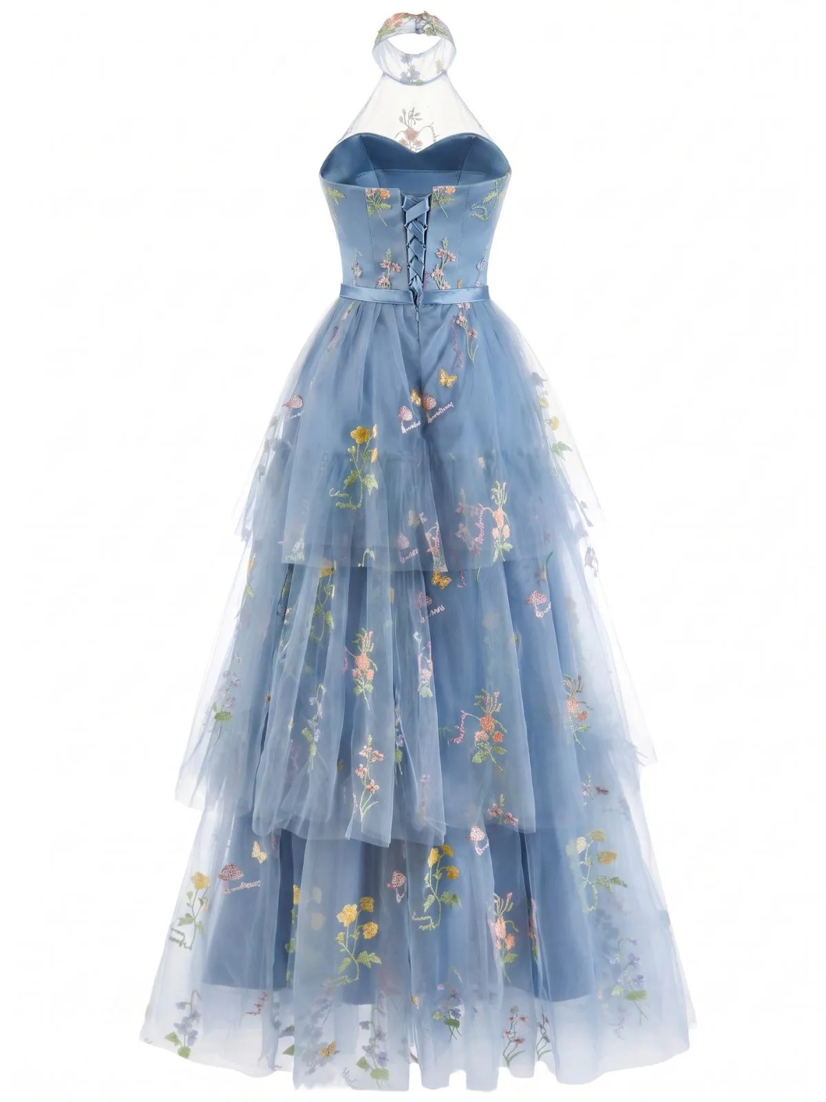 1930s Halter Floral Embroidered Tiered Mesh Satin Maxi Dress sold by Retro Stage product image thumbnail 2