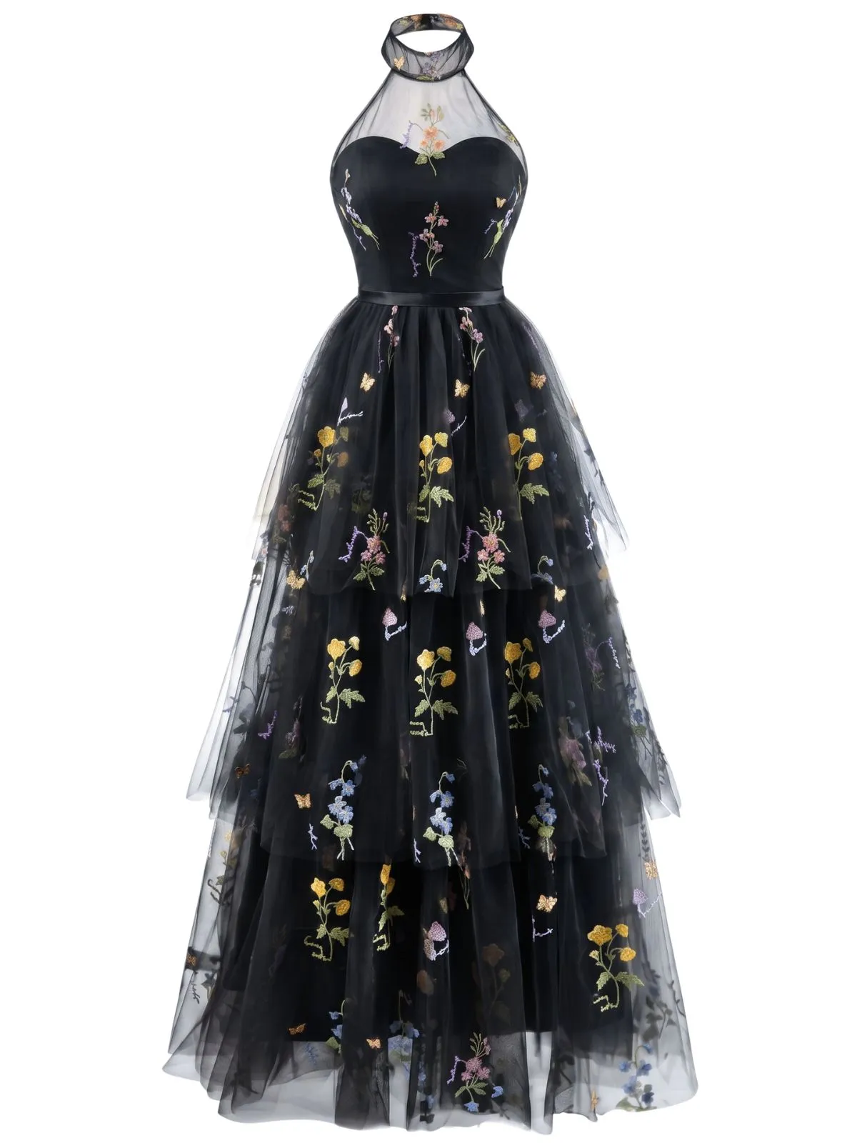 1930s Halter Floral Embroidered Tiered Mesh Satin Maxi Dress sold by Retro Stage product image thumbnail 3