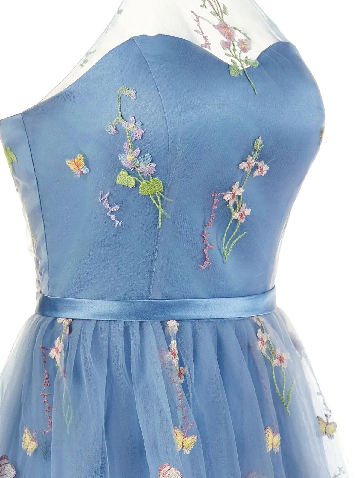 1930s Halter Floral Embroidered Tiered Mesh Satin Maxi Dress sold by Retro Stage product image thumbnail 5