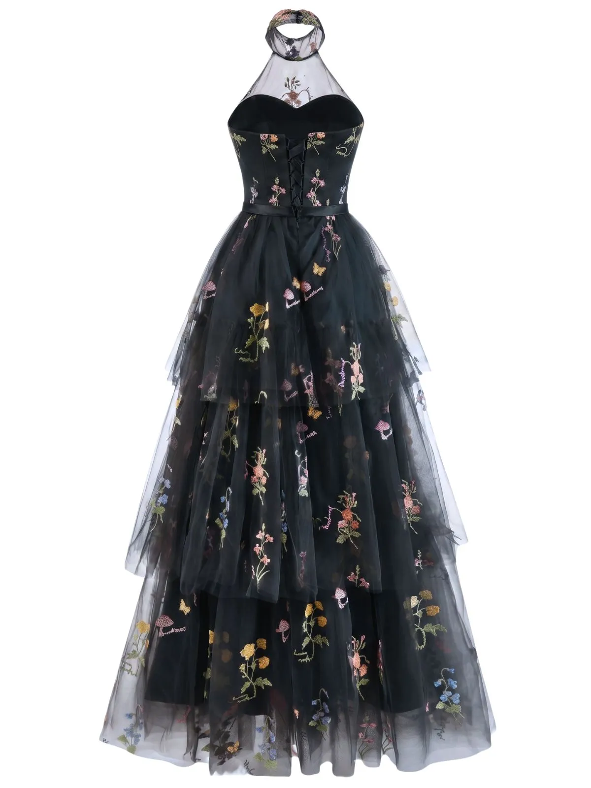 1930s Halter Floral Embroidered Tiered Mesh Satin Maxi Dress sold by Retro Stage product image thumbnail 4
