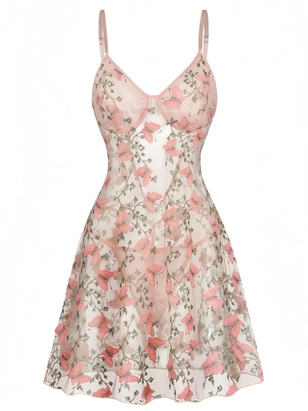 Pink 1940s Floral Butterflies Spaghetti Strap Nightgown sold by Retro Stage product image thumbnail 2