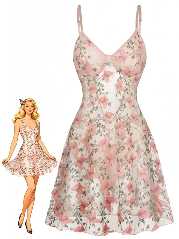 Pink 1940s Floral Butterflies Spaghetti Strap Nightgown made by Retro Stage