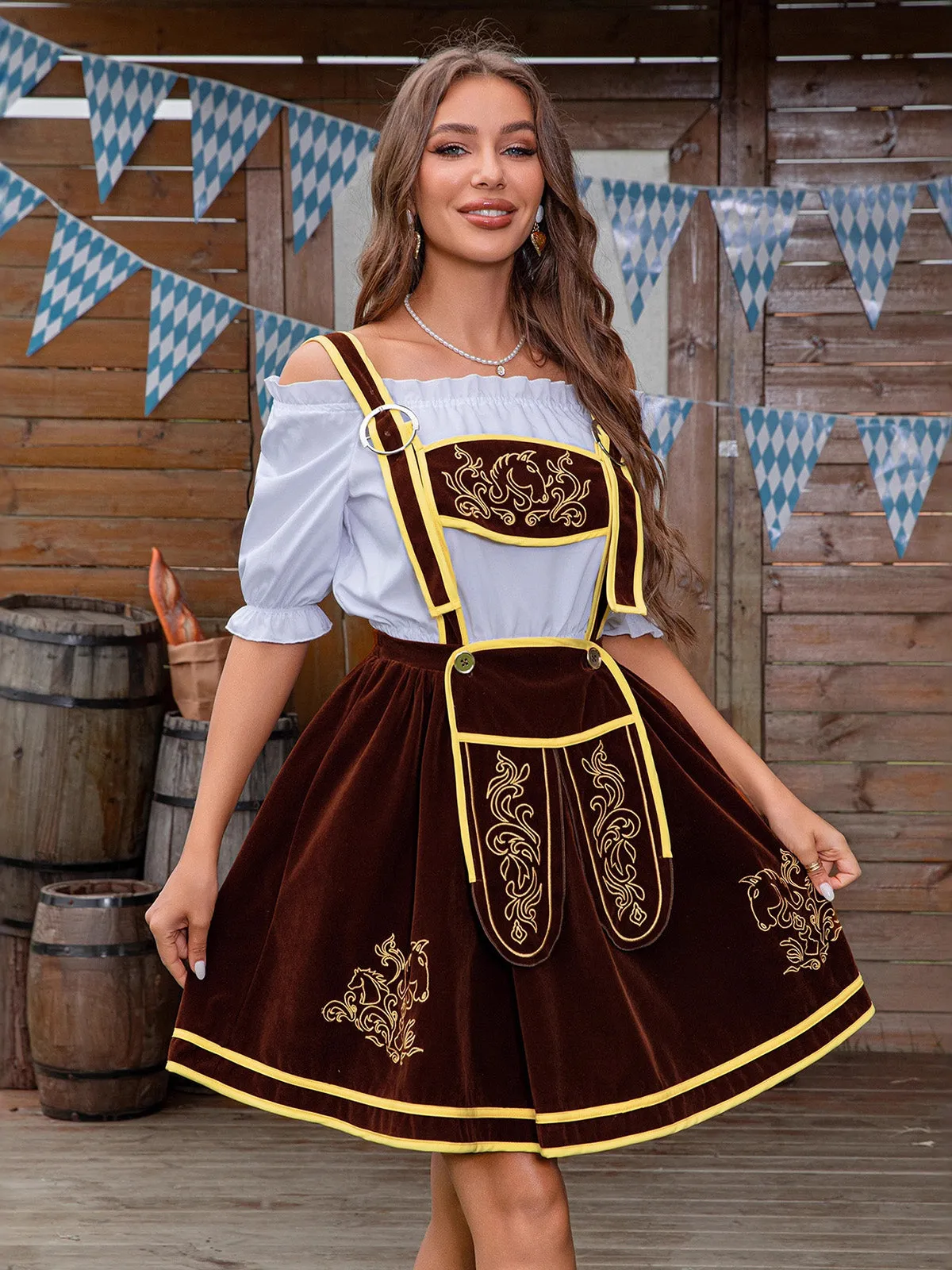 2PCS Coffee 1950s Off Shoulder Top & Velvet Geometric Pinafore Skirt sold by Retro Stage product image thumbnail 2