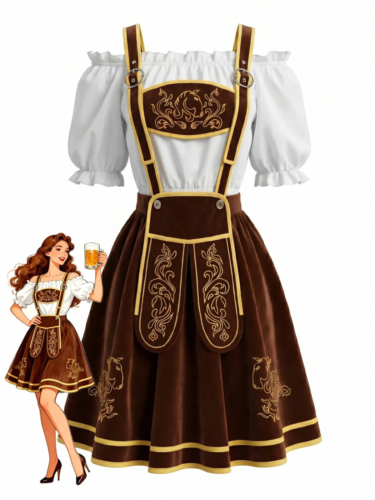 2PCS Coffee 1950s Off Shoulder Top & Velvet Geometric Pinafore Skirt sold by Retro Stage