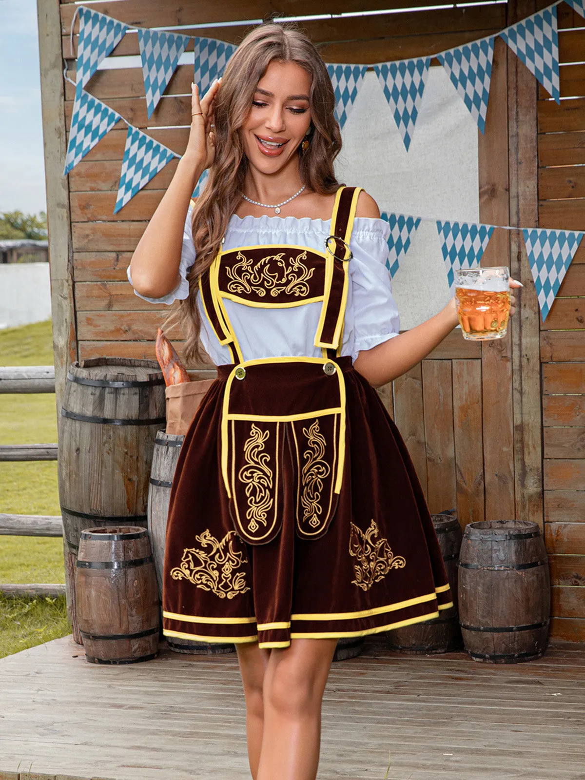 2PCS Coffee 1950s Off Shoulder Top & Velvet Geometric Pinafore Skirt sold by Retro Stage product image thumbnail 3