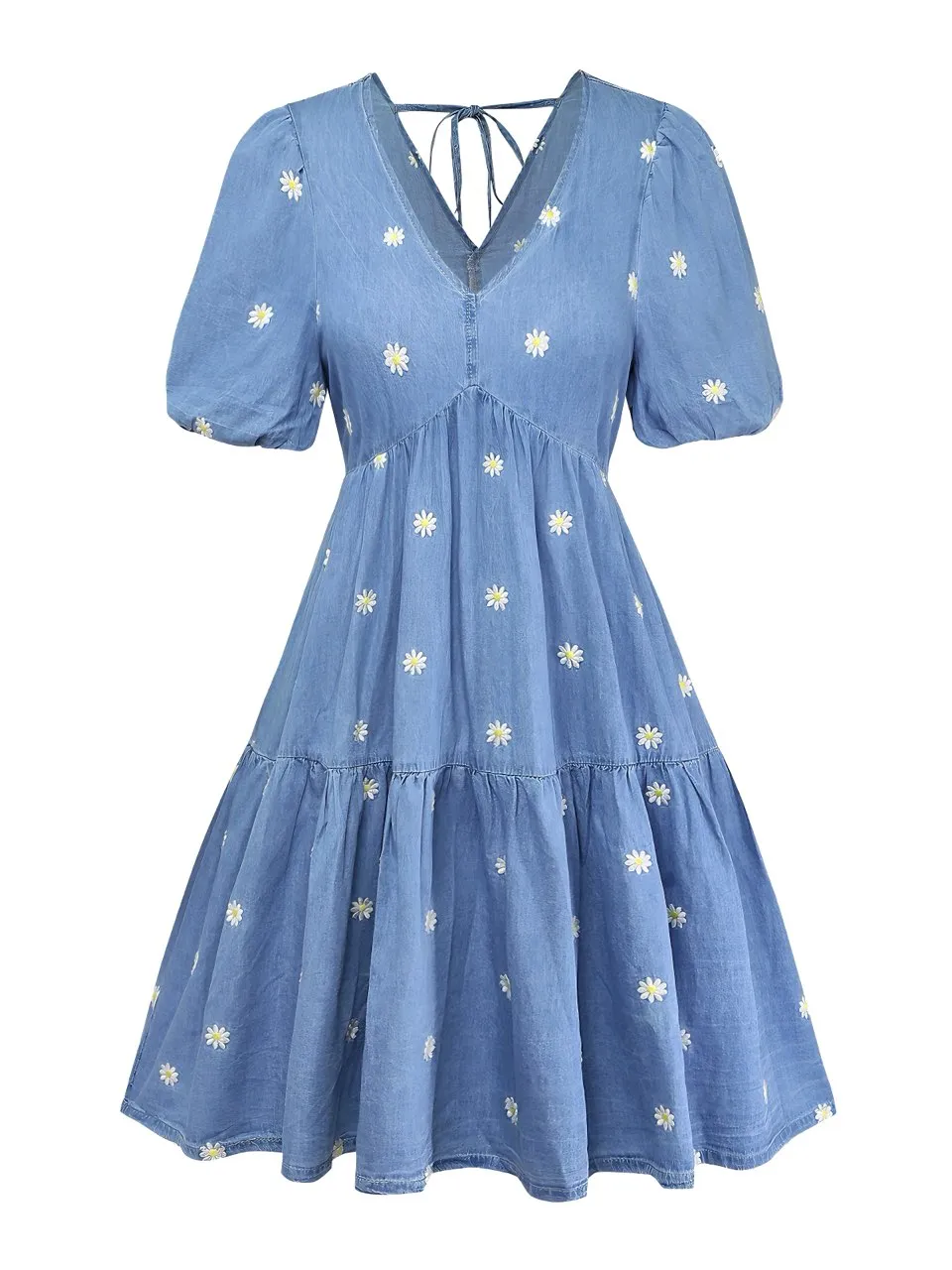 Blue 1970s V-Neck Daisy Embroidered Puff Sleeve Dress sold by Retro Stage product image thumbnail 2