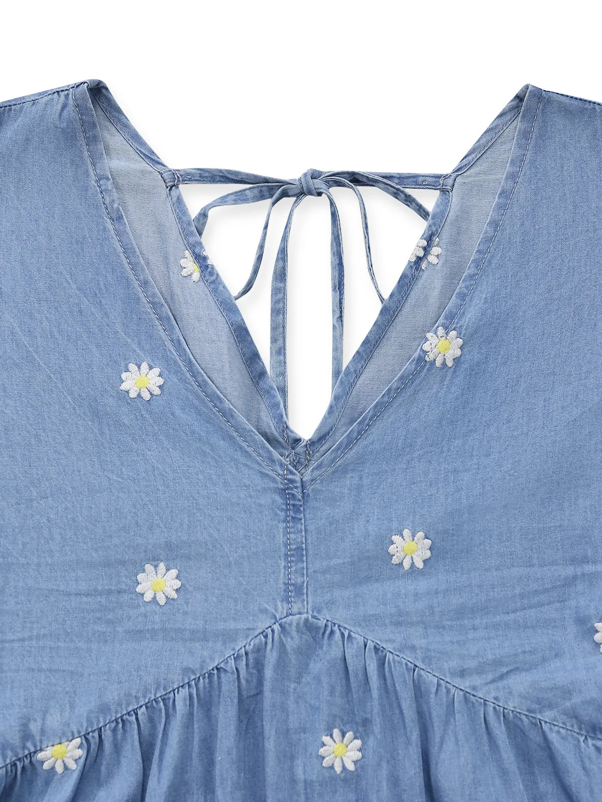 Blue 1970s V-Neck Daisy Embroidered Puff Sleeve Dress sold by Retro Stage product image thumbnail 4