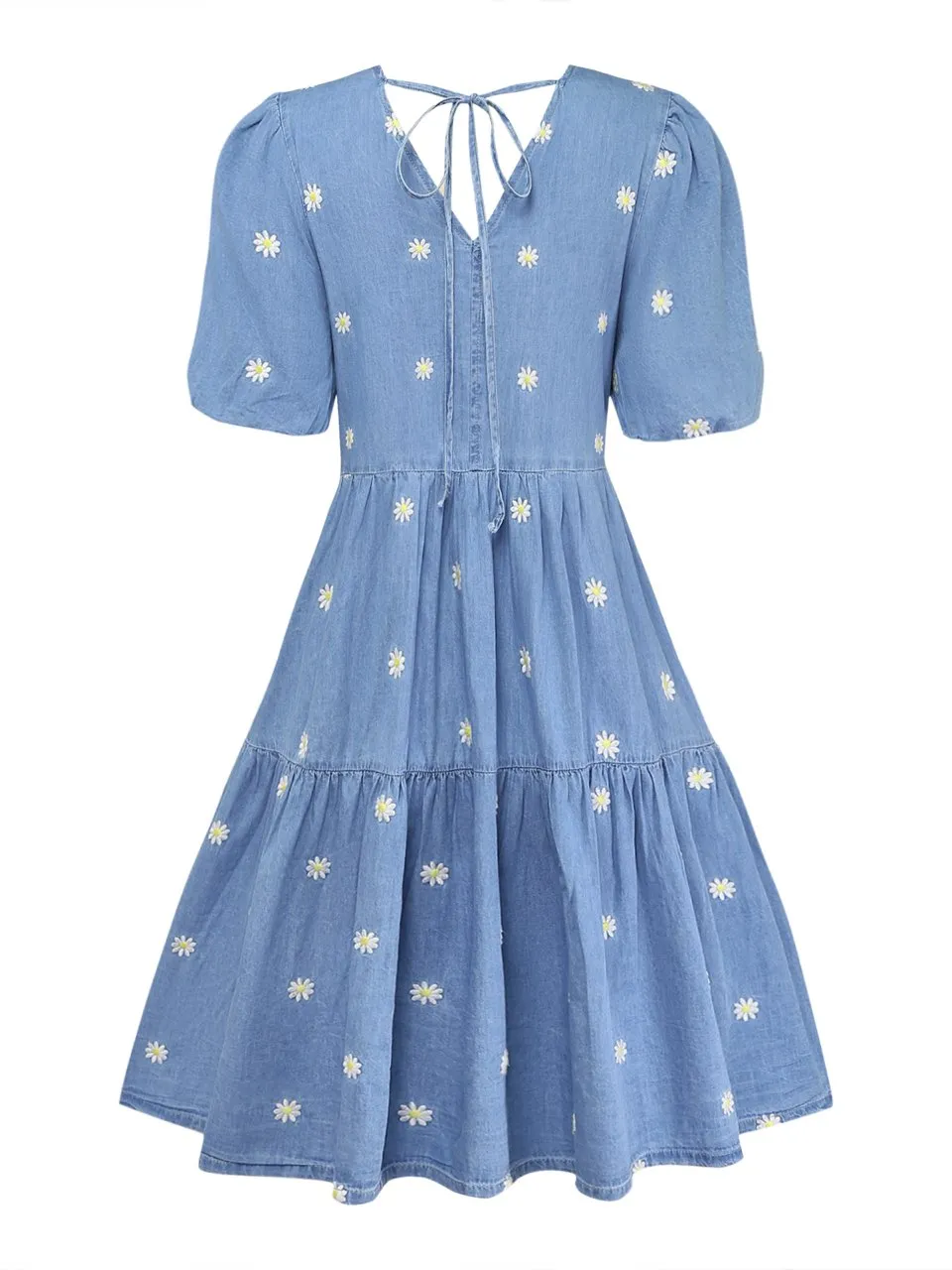 Blue 1970s V-Neck Daisy Embroidered Puff Sleeve Dress sold by Retro Stage product image thumbnail 3