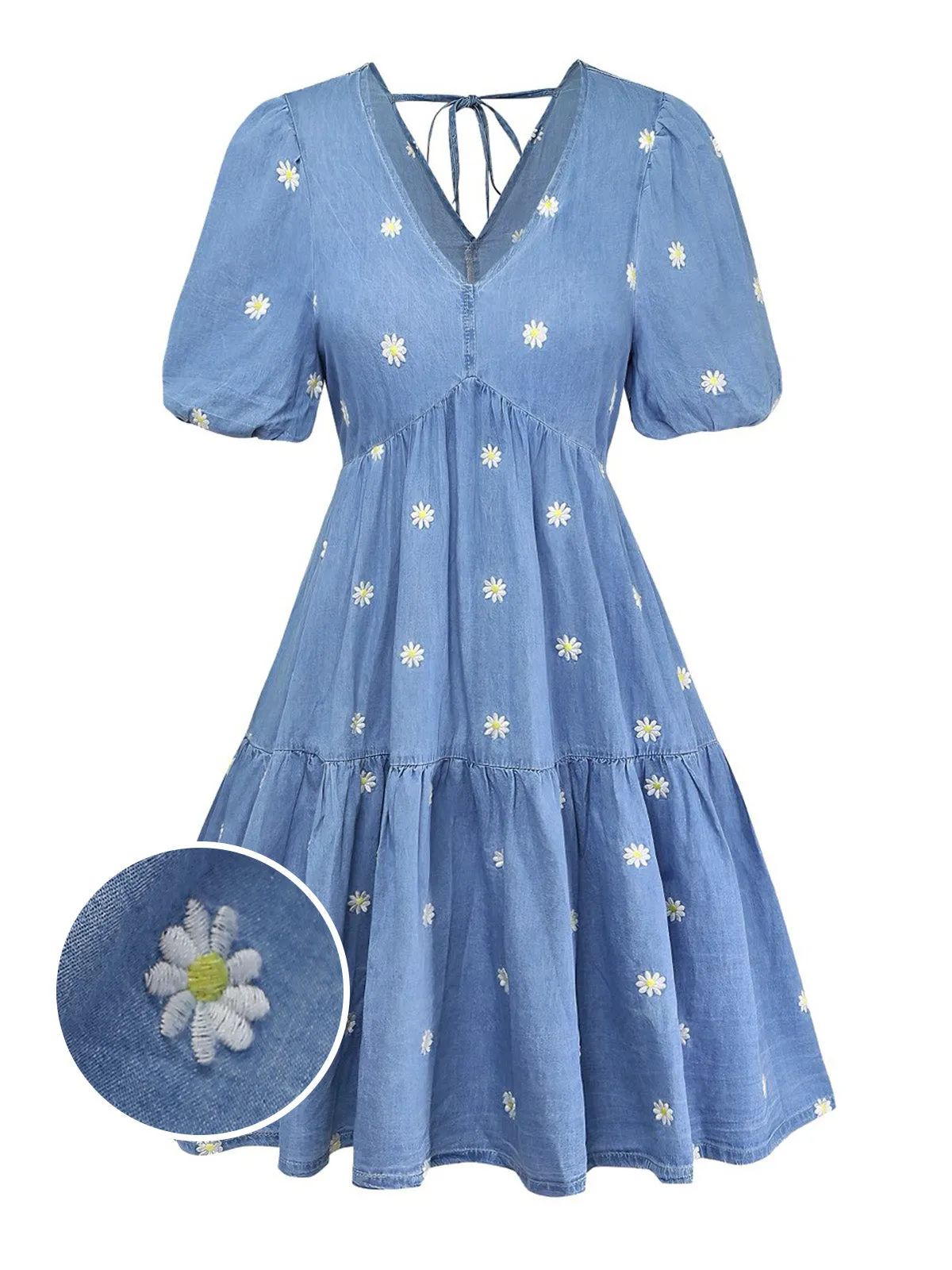 Blue 1970s V-Neck Daisy Embroidered Puff Sleeve Dress sold by Retro Stage