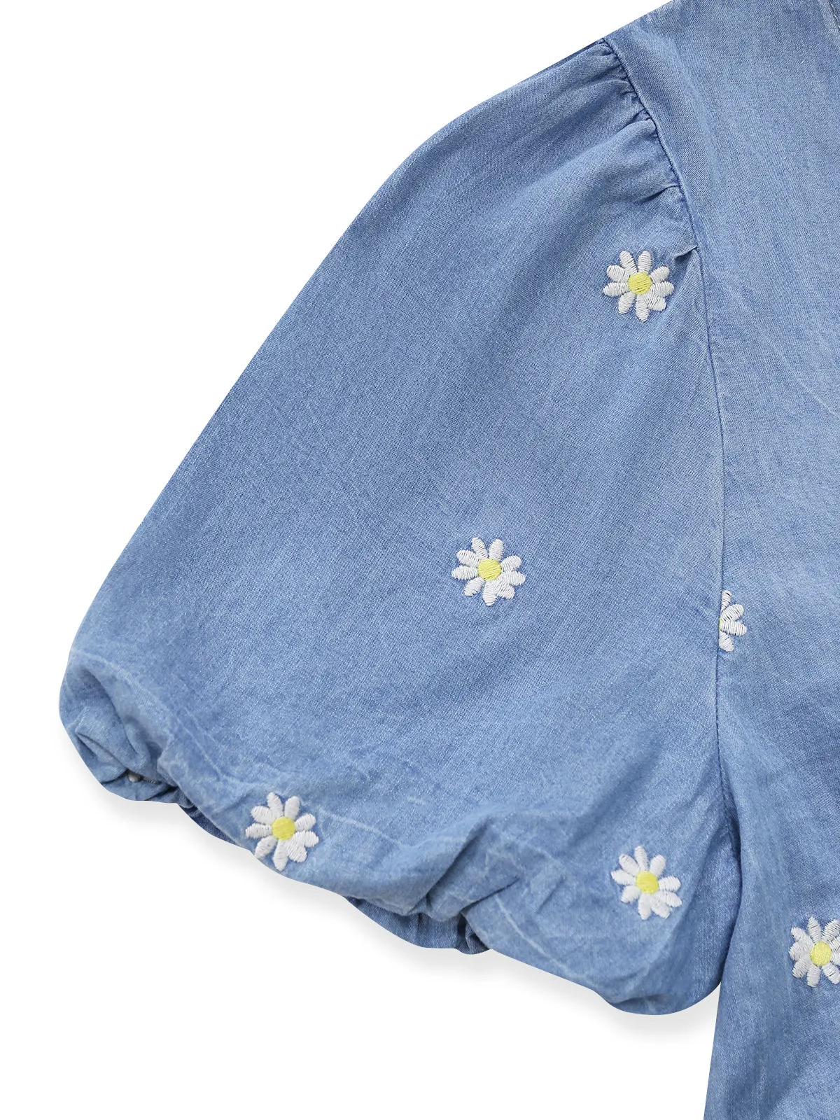 Blue 1970s V-Neck Daisy Embroidered Puff Sleeve Dress sold by Retro Stage product image thumbnail 5