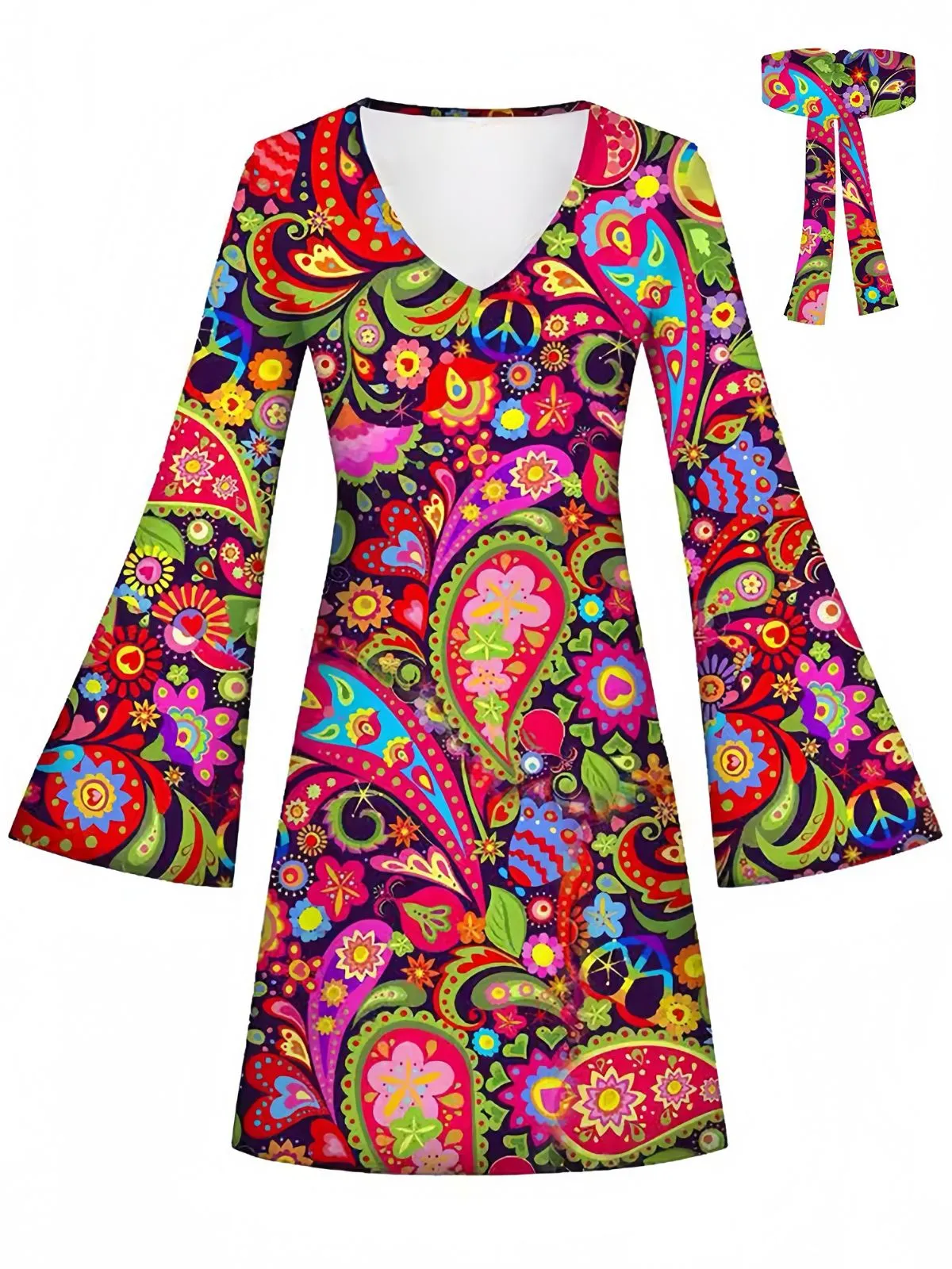 Multicolor 1960s Hippie Psychedelic Paisley Bell Sleeves Mini Dress sold by Retro Stage