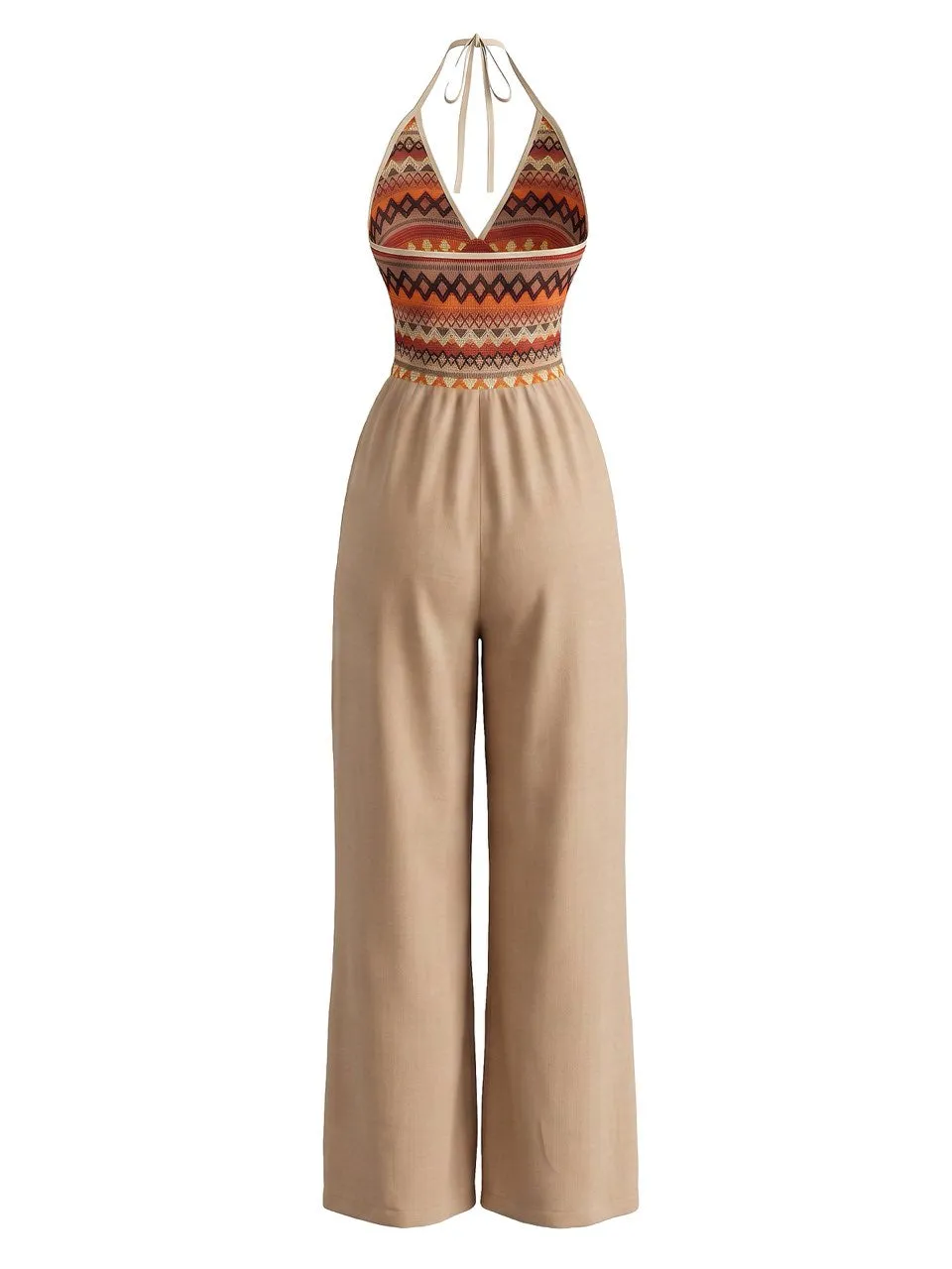 Khaki 1970s Tribal Print Halter Wide Leg Jumpsuit sold by Retro Stage product image thumbnail 3