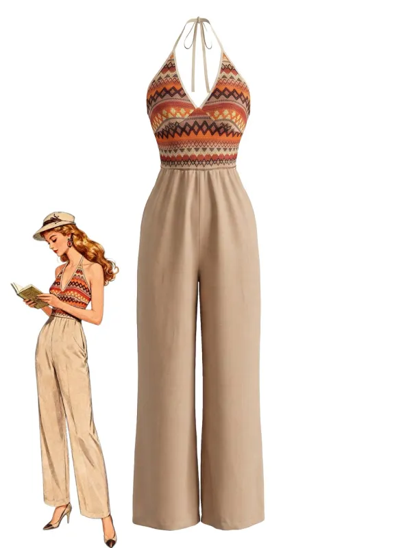 Khaki 1970s Tribal Print Halter Wide Leg Jumpsuit made by Retro Stage