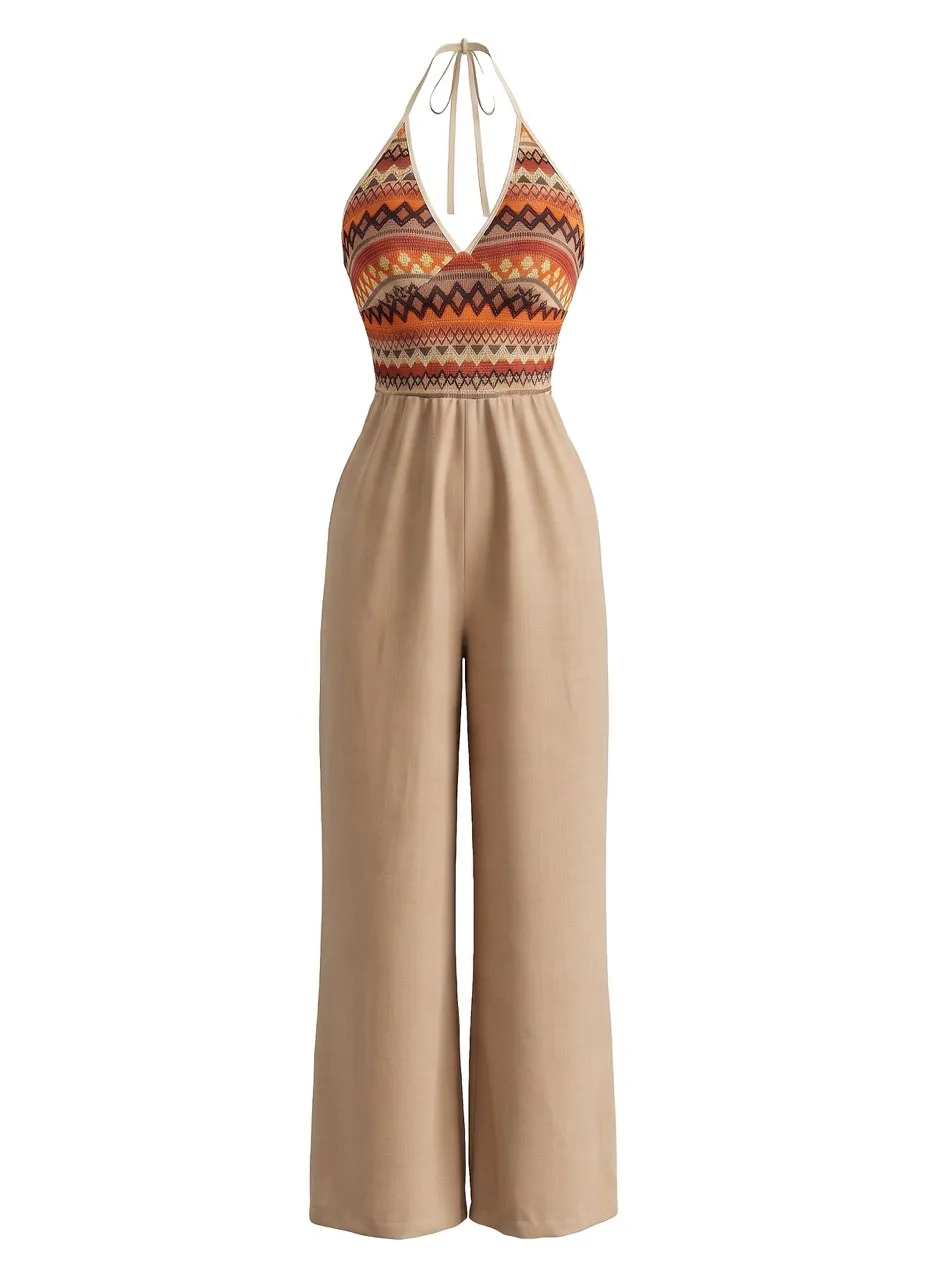 Khaki 1970s Tribal Print Halter Wide Leg Jumpsuit sold by Retro Stage product image thumbnail 2