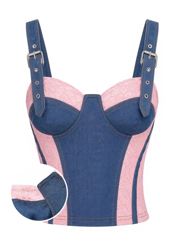 [Pre-Sale] Blue 1950s Denim Lace Contrast Panel Corset Top made by Retro Stage