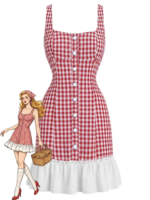 [Pre-Sale] Red 1960s Gingham Square Neck Mini Dress with Ruffle Hem made by Retro Stage