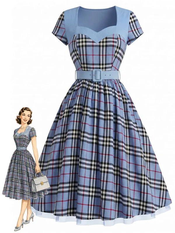 [Pre-Sale] 1940s Plaid Belted Sweetheart Neck Patchwork Dress made by Retro Stage