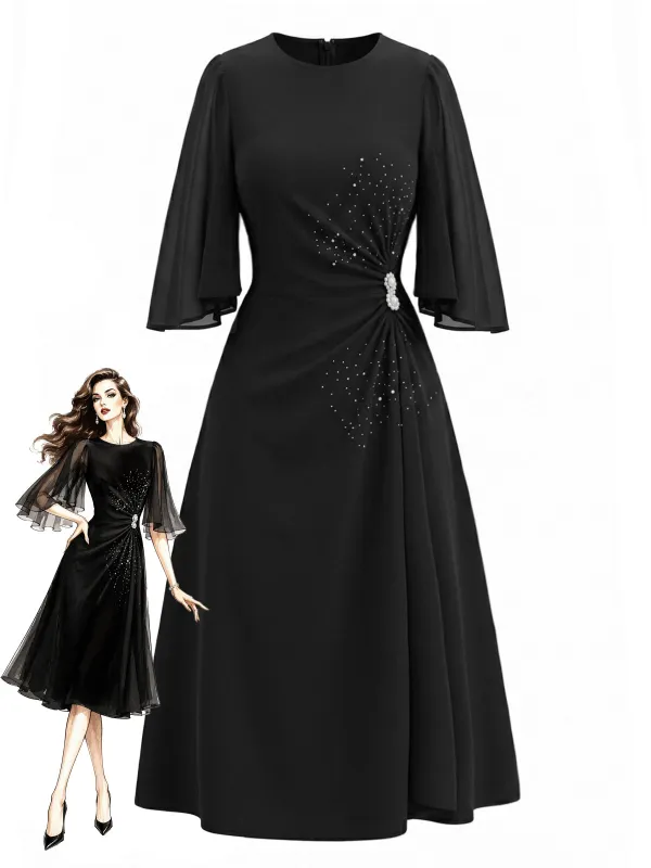 [Pre-Sale] Black 1940s Round Neck Rhinestone Split Sleeve Dress made by Retro Stage