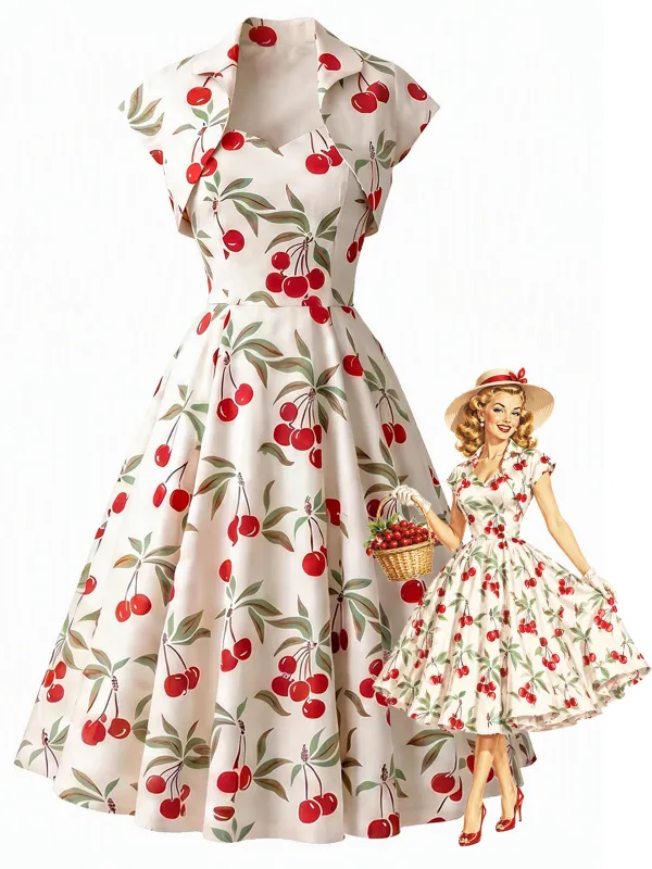 [Pre-Sale] White 1950s Cherry Cap Sleeve Sweetheart Neck Swing Dress made by Retro Stage
