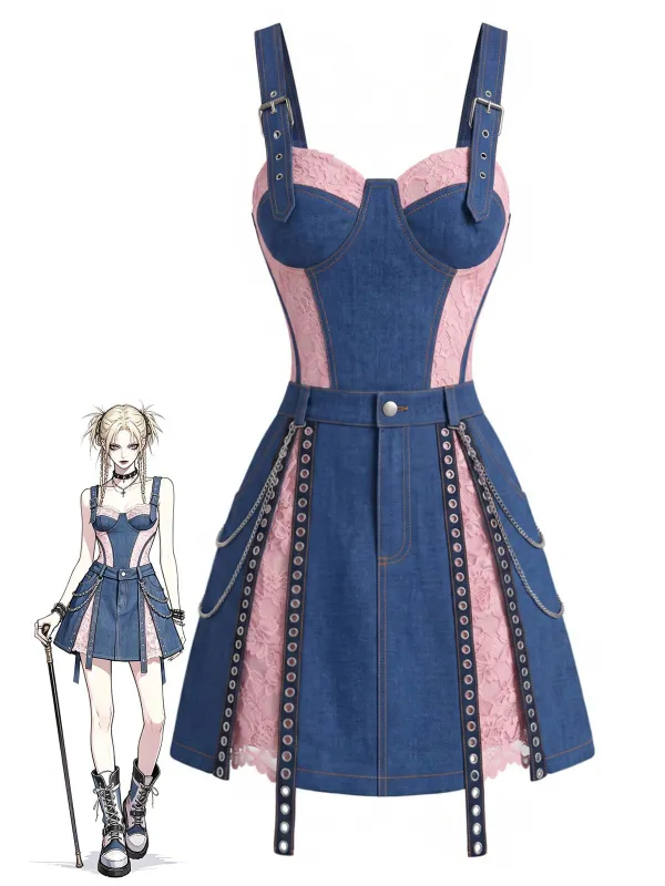 [Pre-Sale] Blue 1950s Denim Lace Corset Top & Chain Mini Skirt made by Retro Stage