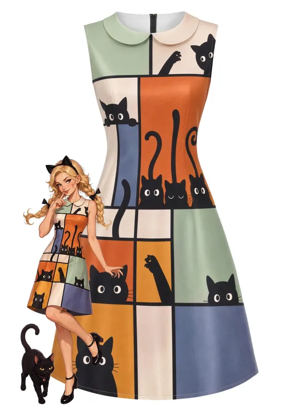 [Pre-Sale] 1960s Abstract Art Cat Print Peter Pan Collar A-Line Dress made by Retro Stage