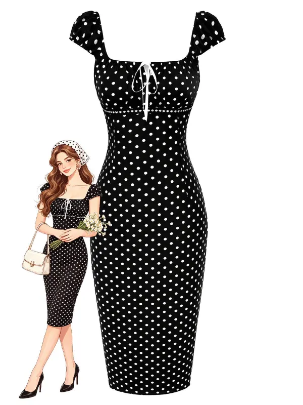 [Pre-Sale] Black 1960s Square Neck Polka Dot Pencil Dress made by Retro Stage