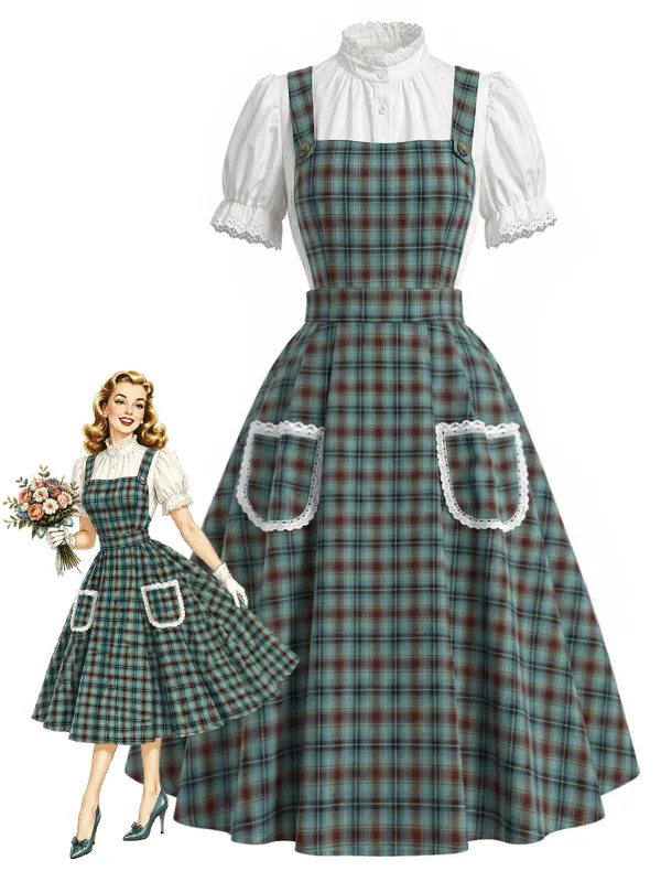 [Pre-Sale] 2PCS Green 1950s Plaid Lace Pocket Pinafore Dress & White Top made by Retro Stage