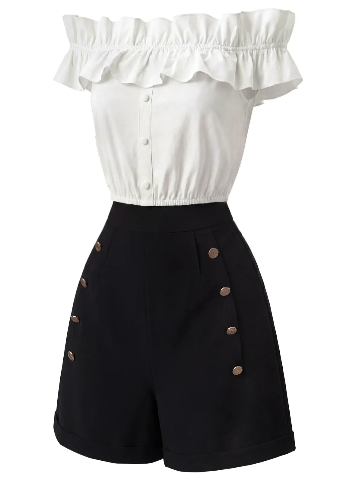2PCS 1950s Button Off-Shoulder Ruffle Crop Top & Shorts sold by Retro Stage product image thumbnail 3