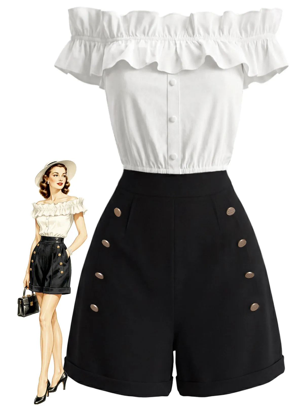 2PCS 1950s Button Off-Shoulder Ruffle Crop Top & Shorts sold by Retro Stage