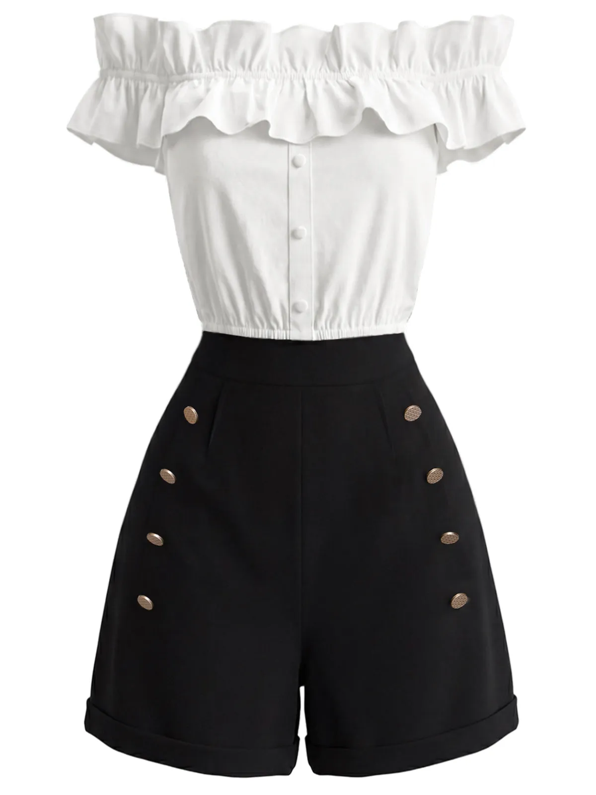 2PCS 1950s Button Off-Shoulder Ruffle Crop Top & Shorts sold by Retro Stage product image thumbnail 2