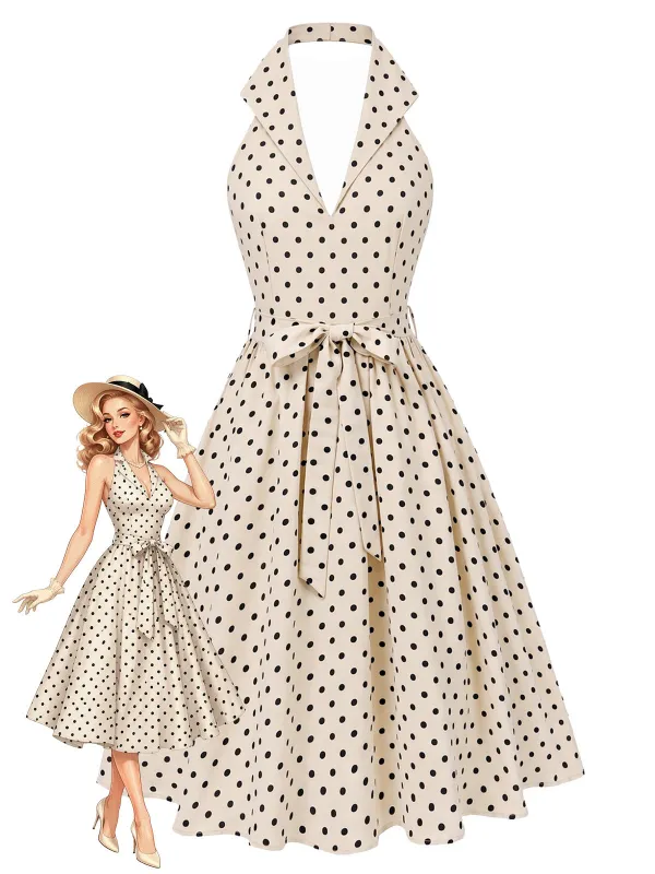[Pre-Sale] 1950s Polka Dot Halter Backless Belted Swing Dress made by Retro Stage