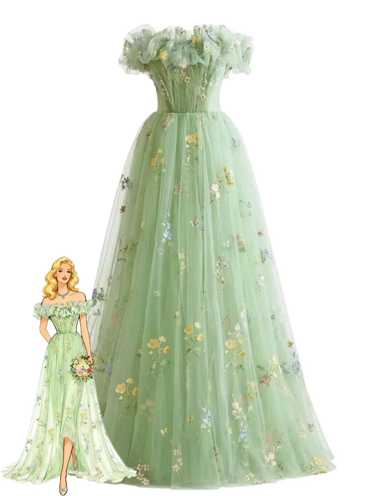 Green 1930s Floral Embroidered Mesh Strapless Dress sold by Retro Stage product image thumbnail 4