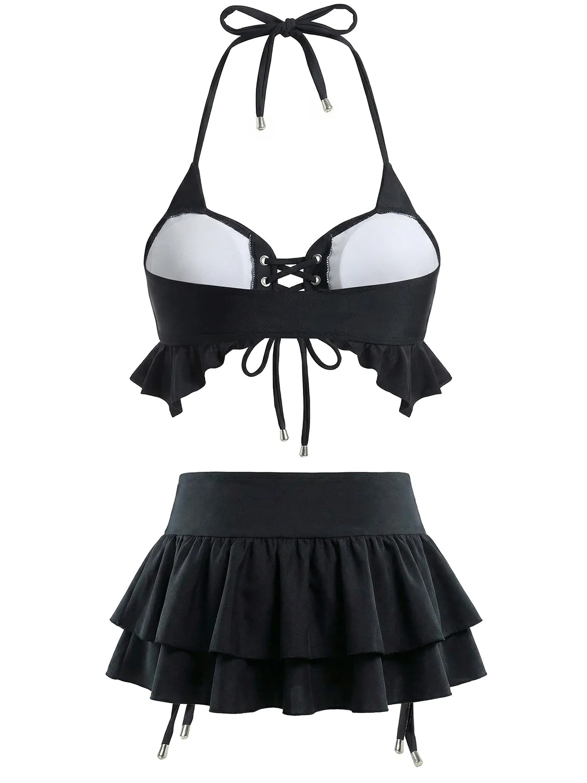 Black 1950s Halter Lace Up Bikini Set & Tiered Cover Up sold by Retro Stage product image thumbnail 5