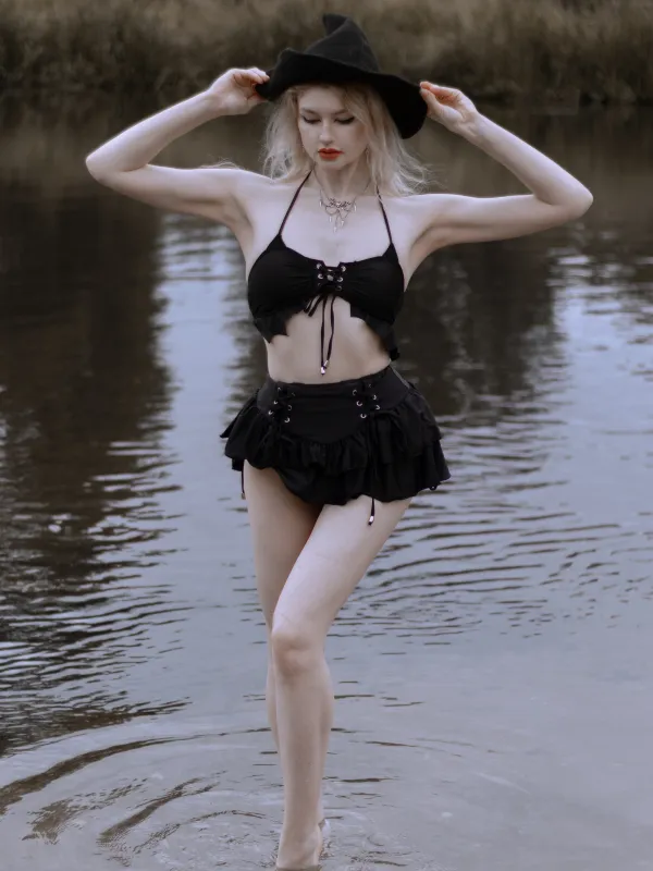 Black 1950s Halter Lace Up Bikini Set & Tiered Cover Up made by Retro Stage