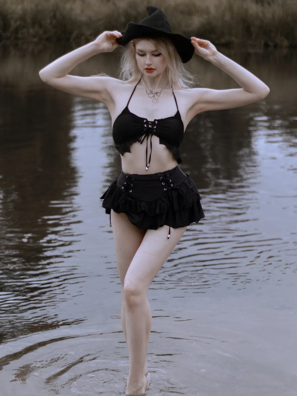 Black 1950s Halter Lace Up Bikini Set & Tiered Cover Up sold by Retro Stage