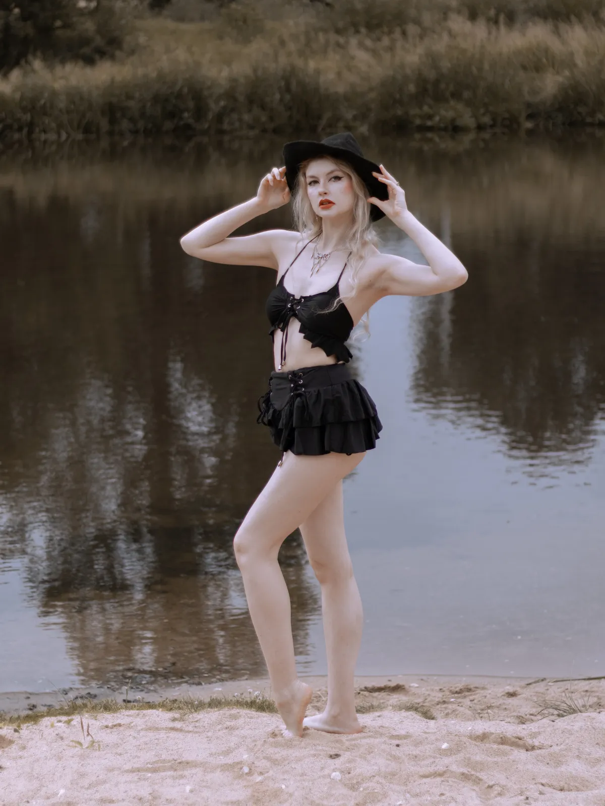 Black 1950s Halter Lace Up Bikini Set & Tiered Cover Up sold by Retro Stage product image thumbnail 2