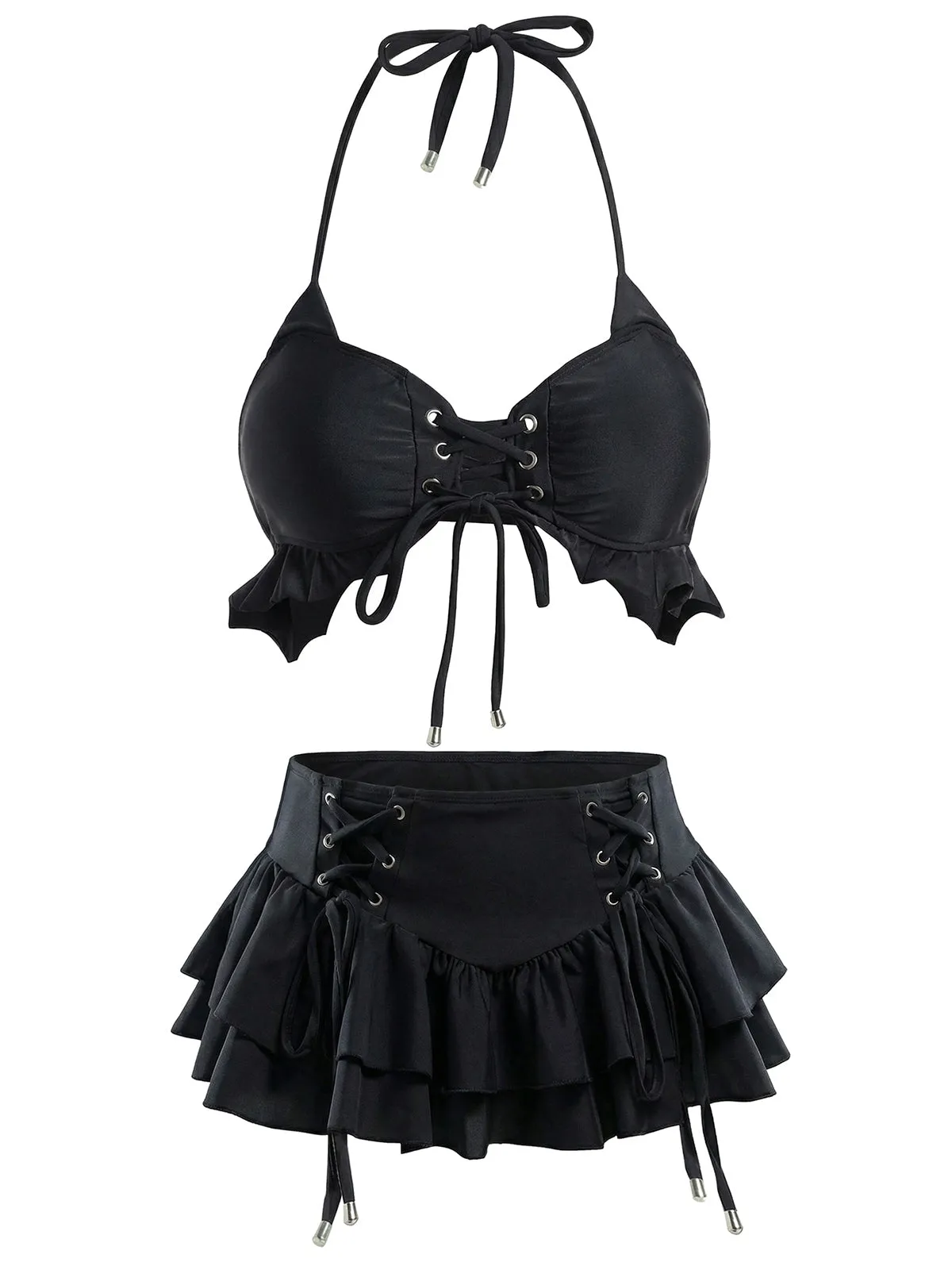 Black 1950s Halter Lace Up Bikini Set & Tiered Cover Up sold by Retro Stage product image thumbnail 3