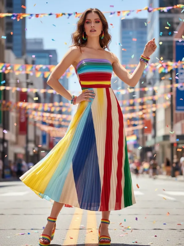 1970s Rainbow Pleated Strapless Maxi Dress made by Retro Stage