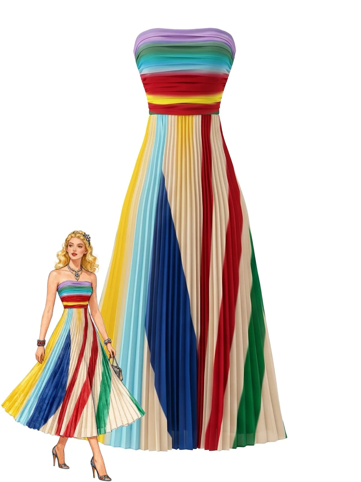1970s Rainbow Pleated Strapless Maxi Dress sold by Retro Stage product image thumbnail 2