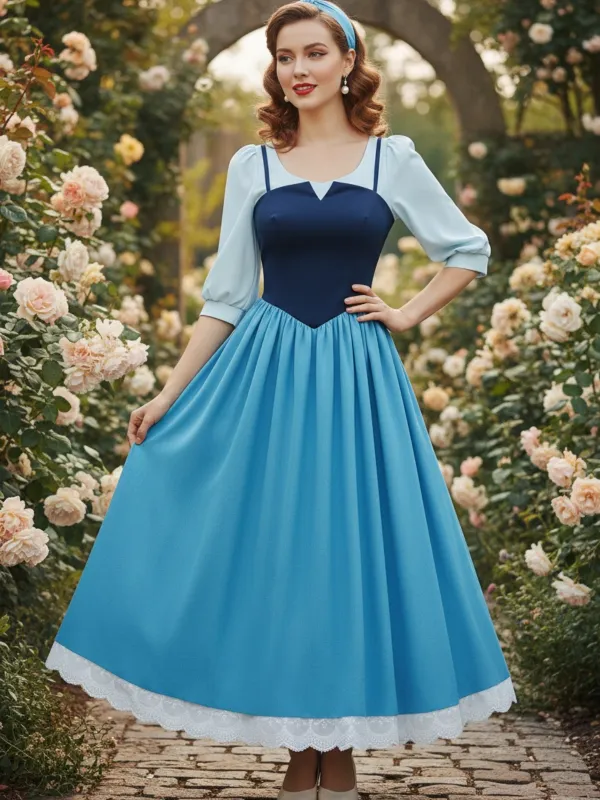 2PCS Blue 1940s Blouse & Colorblock Suspender Dress made by Retro Stage