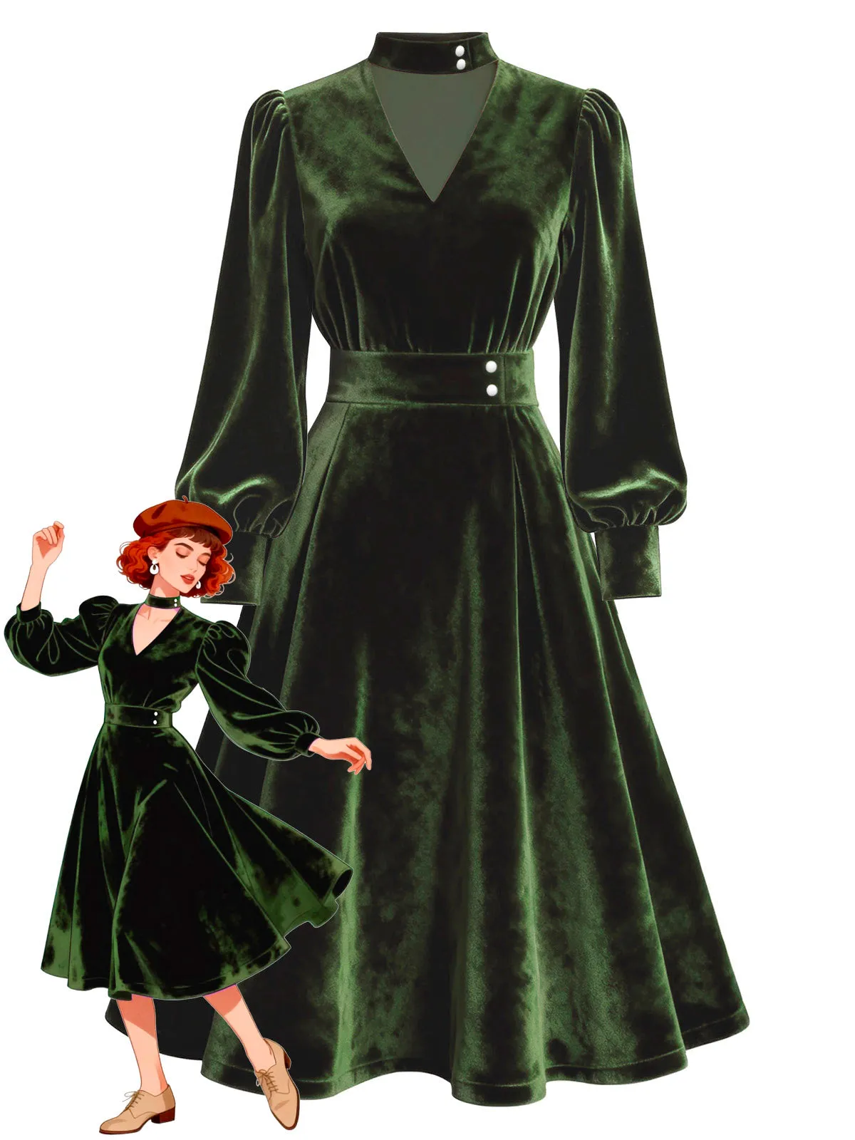 Green 1950s Keyhole V-Neck Pearl Velvet Dress sold by Retro Stage product image thumbnail 4