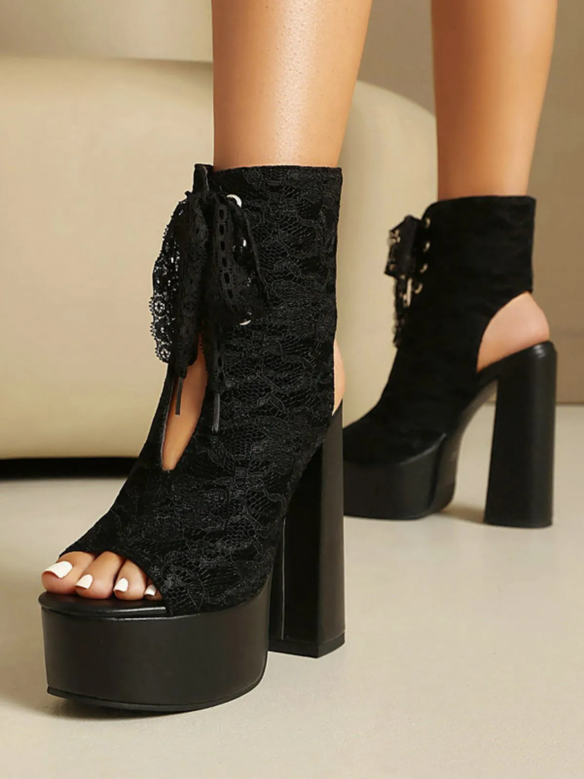 Lace Open Toe Lace-Up Chunky Heel Shoes sold by Retro Stage product image thumbnail 4