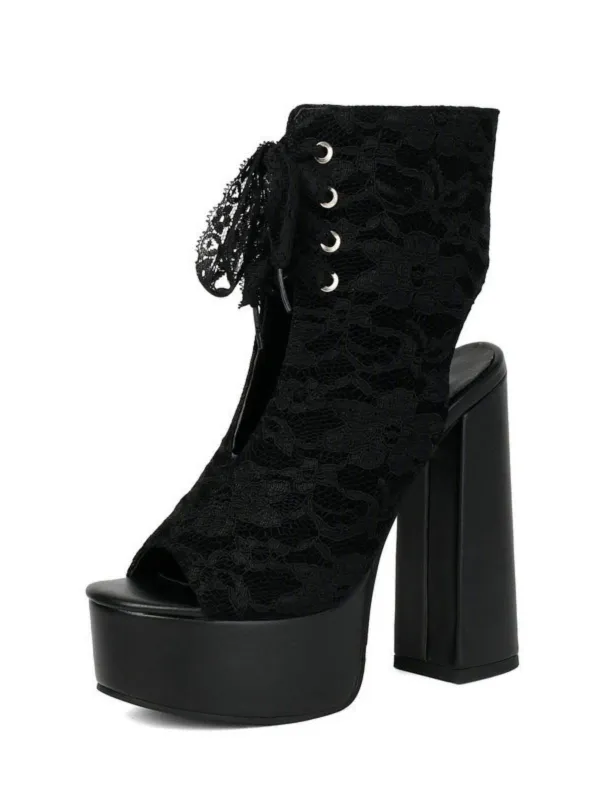 Lace Open Toe Lace-Up Chunky Heel Shoes made by Retro Stage