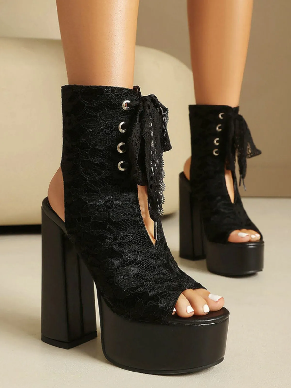 Lace Open Toe Lace-Up Chunky Heel Shoes sold by Retro Stage product image thumbnail 5