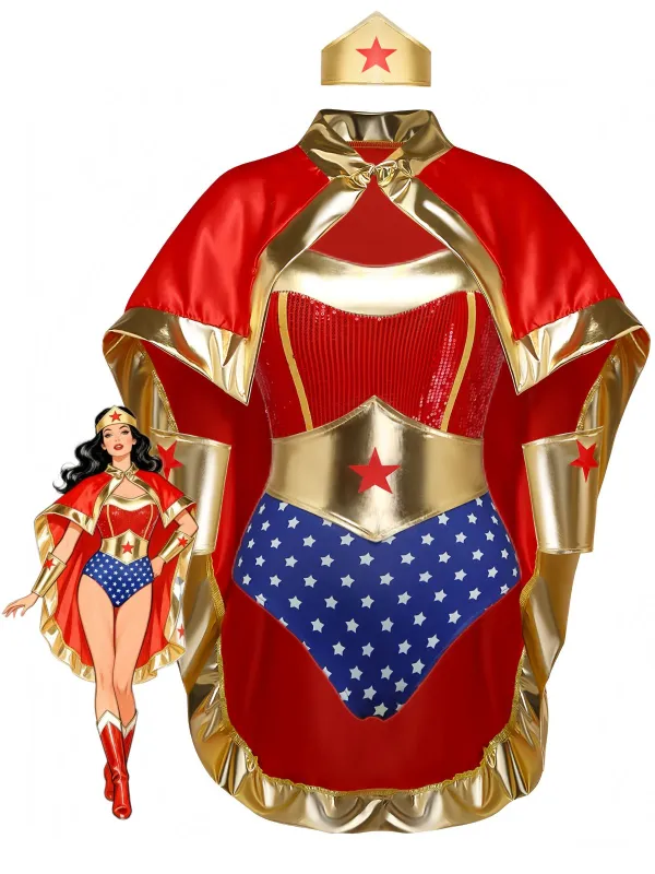 Red 1980s Star Superhero Cape Costume Bodysuit & Cape made by Retro Stage