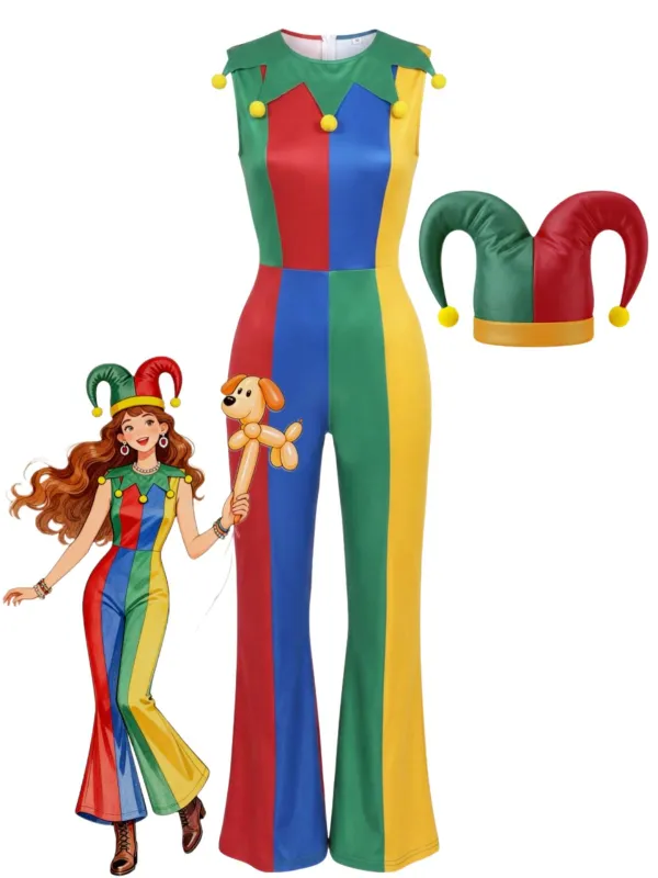 Multicolor 1960s Halloween Clown Patchwork Jumpsuit With Hat made by Retro Stage