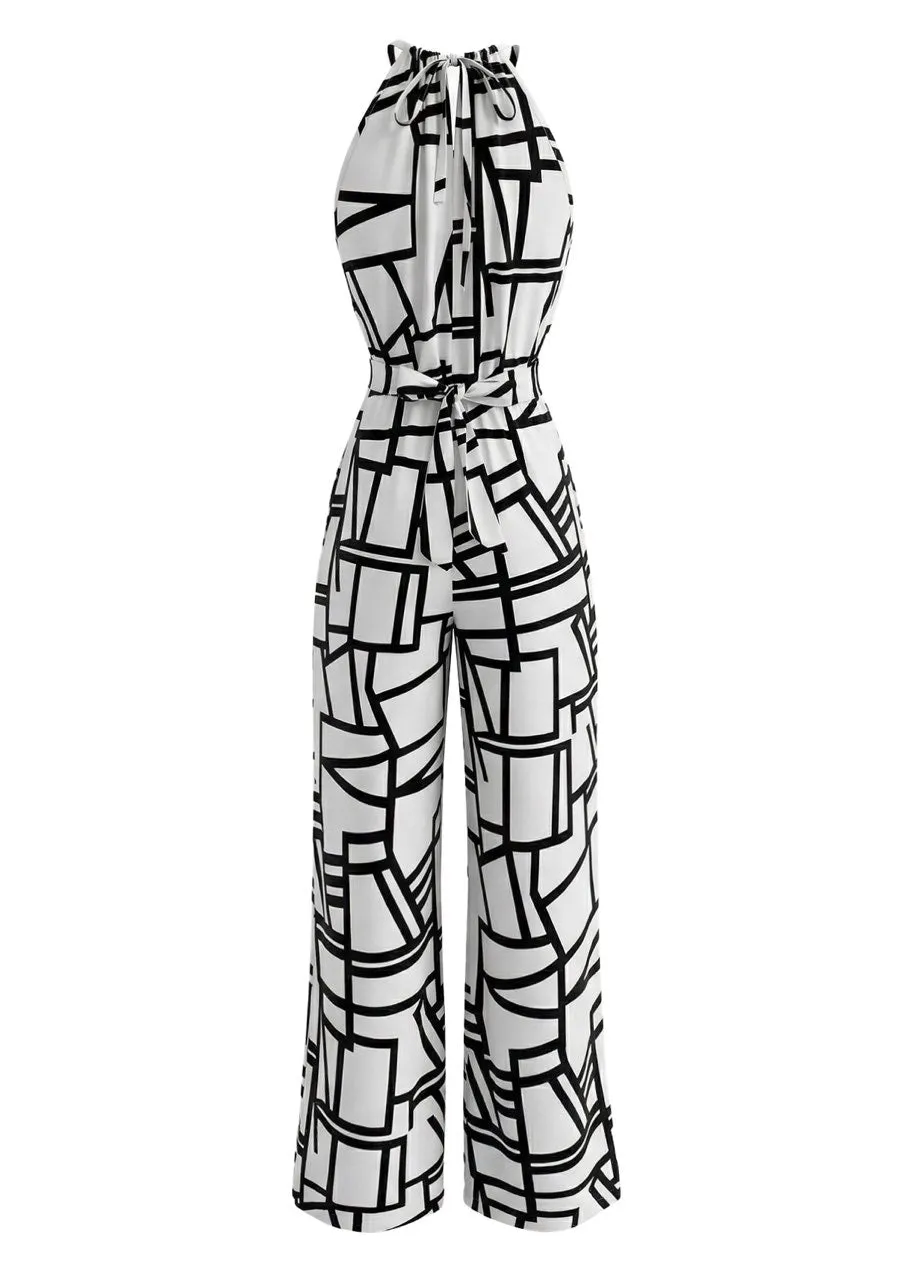 White 1970s Abstract Geometric Line Halter Jumpsuit sold by Retro Stage product image thumbnail 2