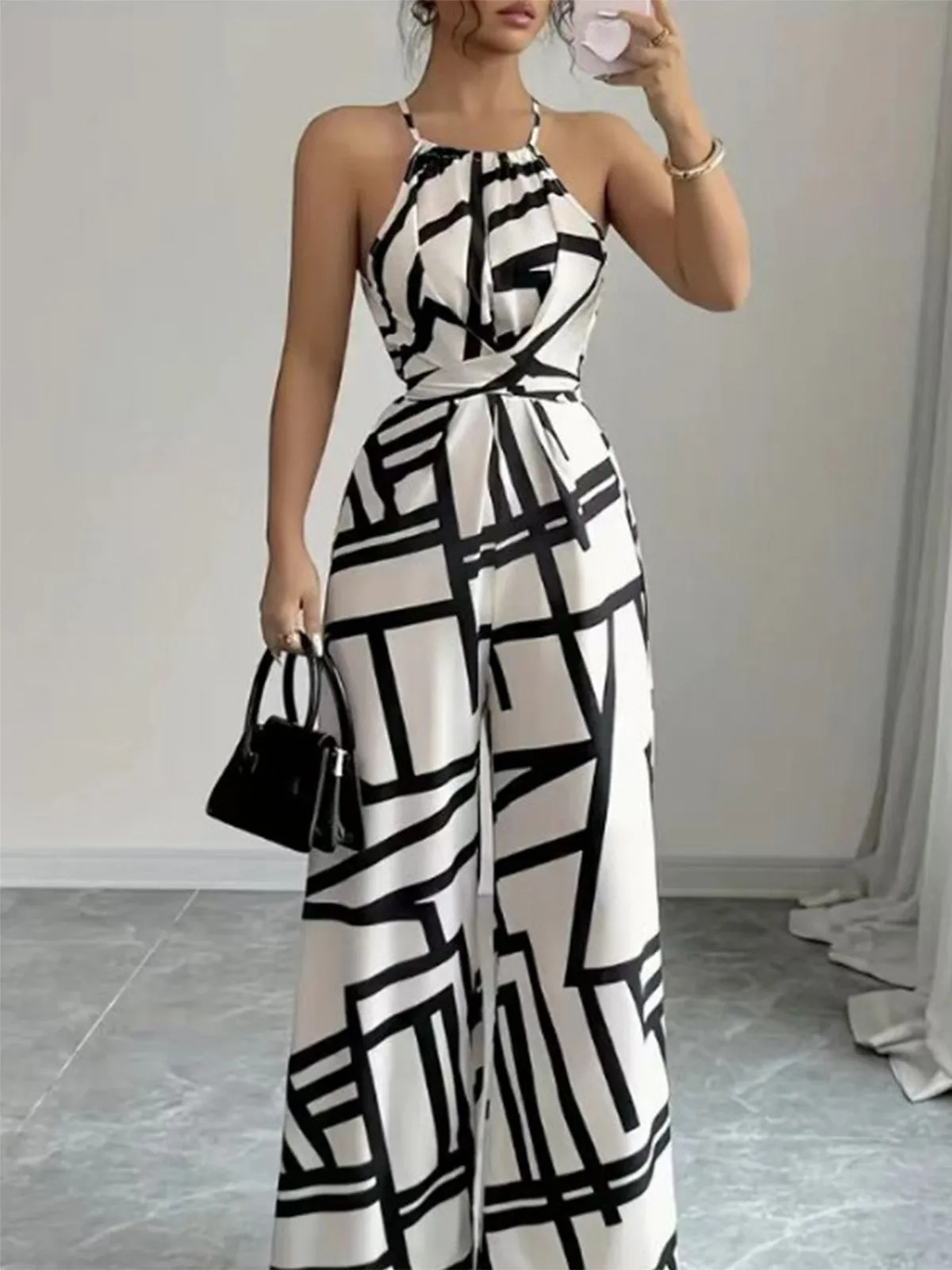 White 1970s Abstract Geometric Line Halter Jumpsuit sold by Retro Stage product image thumbnail 3