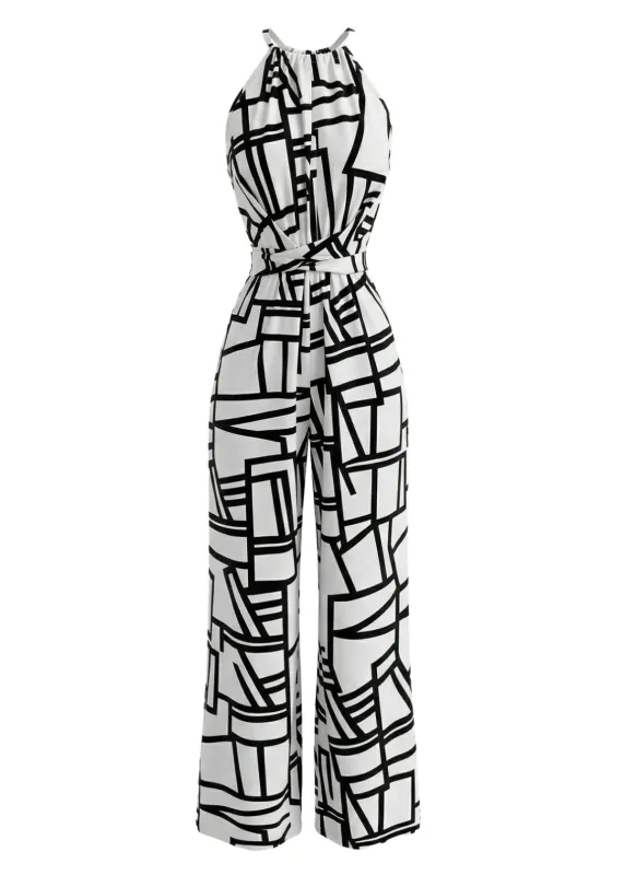 White 1970s Abstract Geometric Line Halter Jumpsuit made by Retro Stage