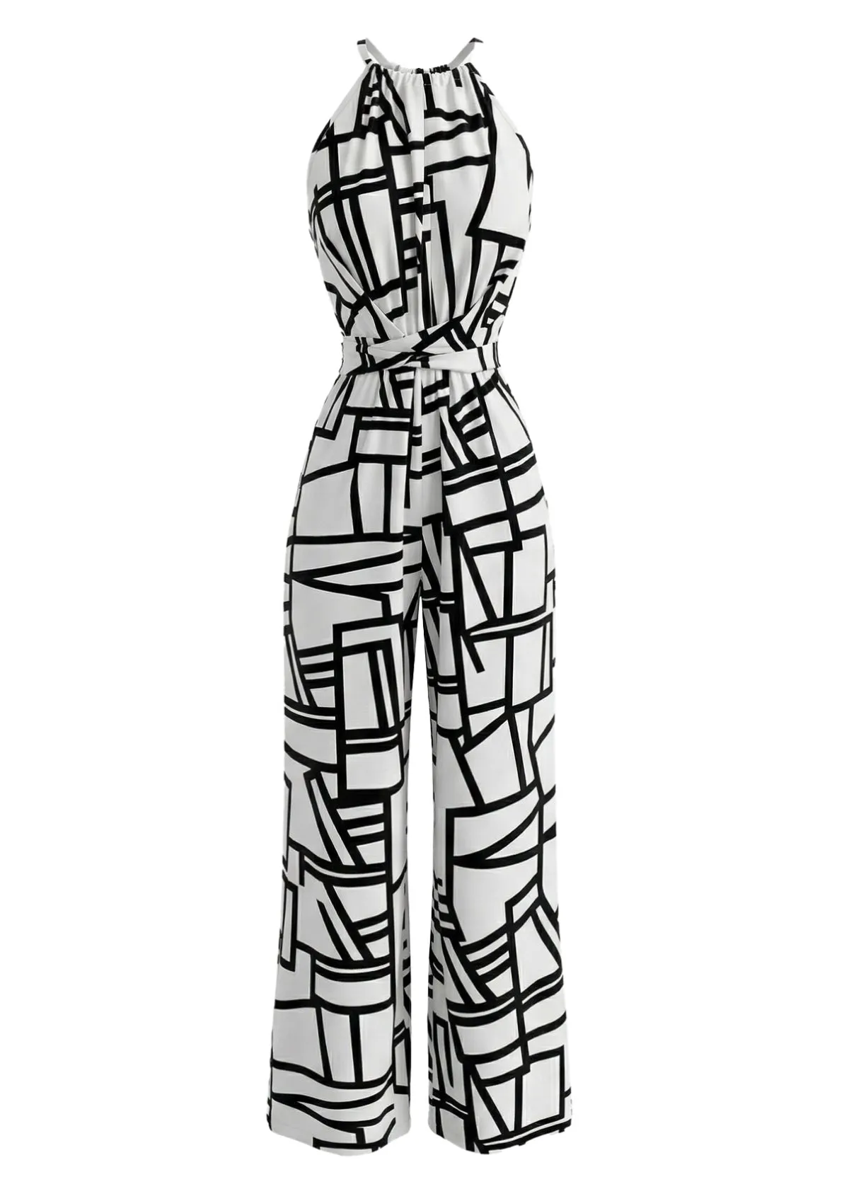 White 1970s Abstract Geometric Line Halter Jumpsuit sold by Retro Stage